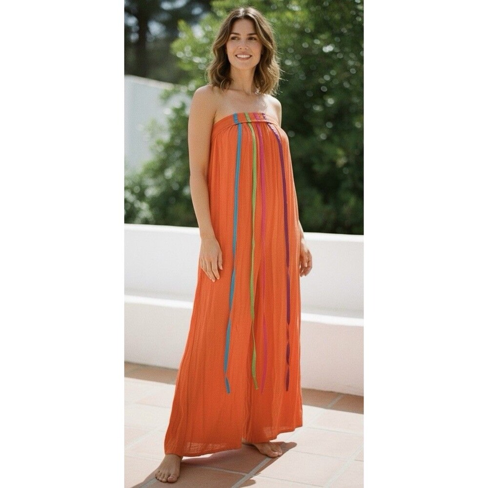 Patti Cappalli VTG 70s Orange Multicolored Ribbons Maxi Strapless Dress Cotton P